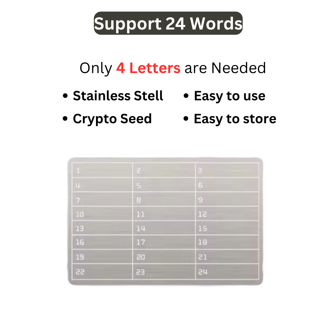 Crypto Seed Phrase Wallet 24 words Stainless Steel Compatible BIP39